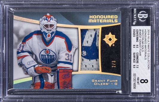 2015/16 Upper Deck Ultimate Collection Honoured Materials Spectrum Gold #HM-GF Grant Fuhr Patch Card (#2/3) - BGS NM-MT 8